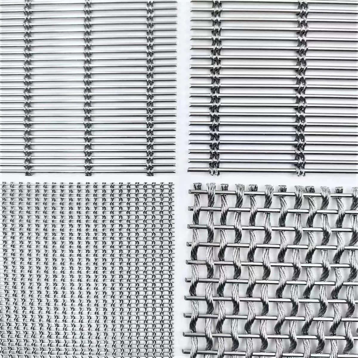 Four silver-coloured mesh samples arranged for direct visual comparison of their structures