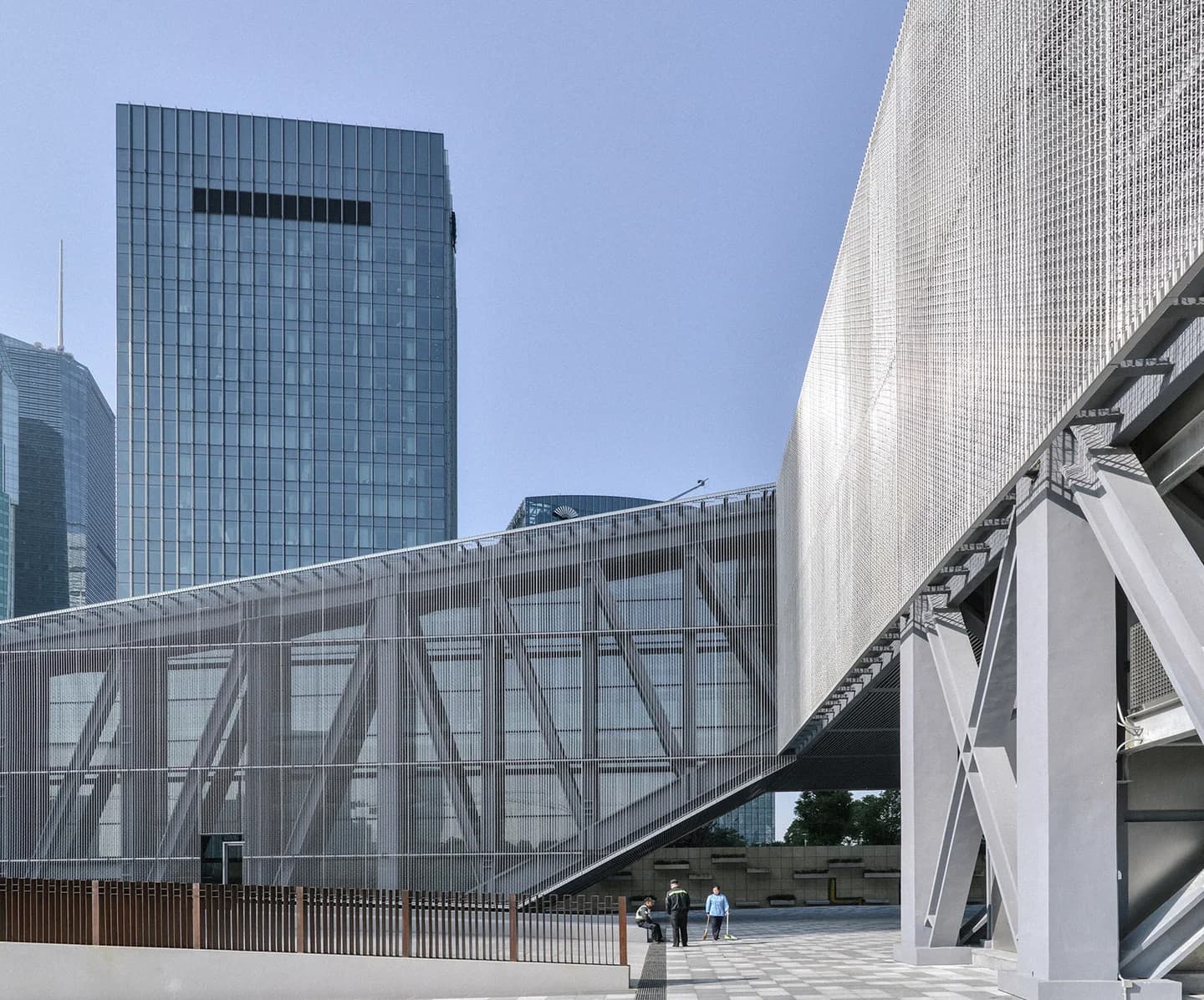 Shanghai Shipyard facade and connecting walkway mesh in a daylight archive view